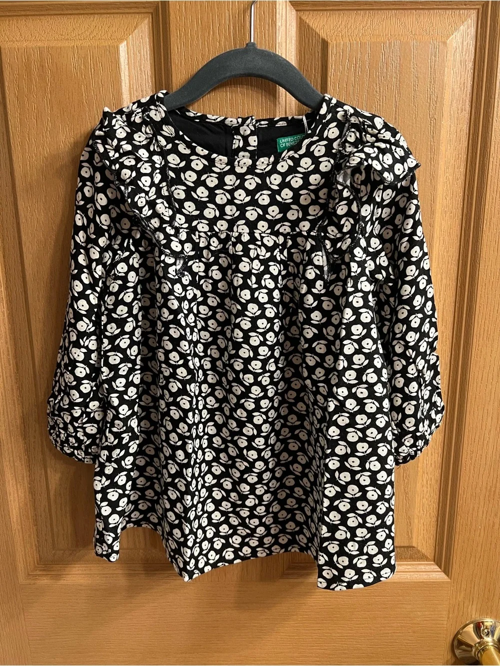 United Color of Benetton Baby Girl Black Floral Ruffle Long-Sleeve Dress